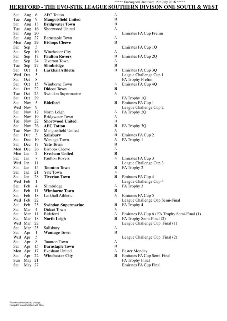 Hereford FC Fixture List 2016-17